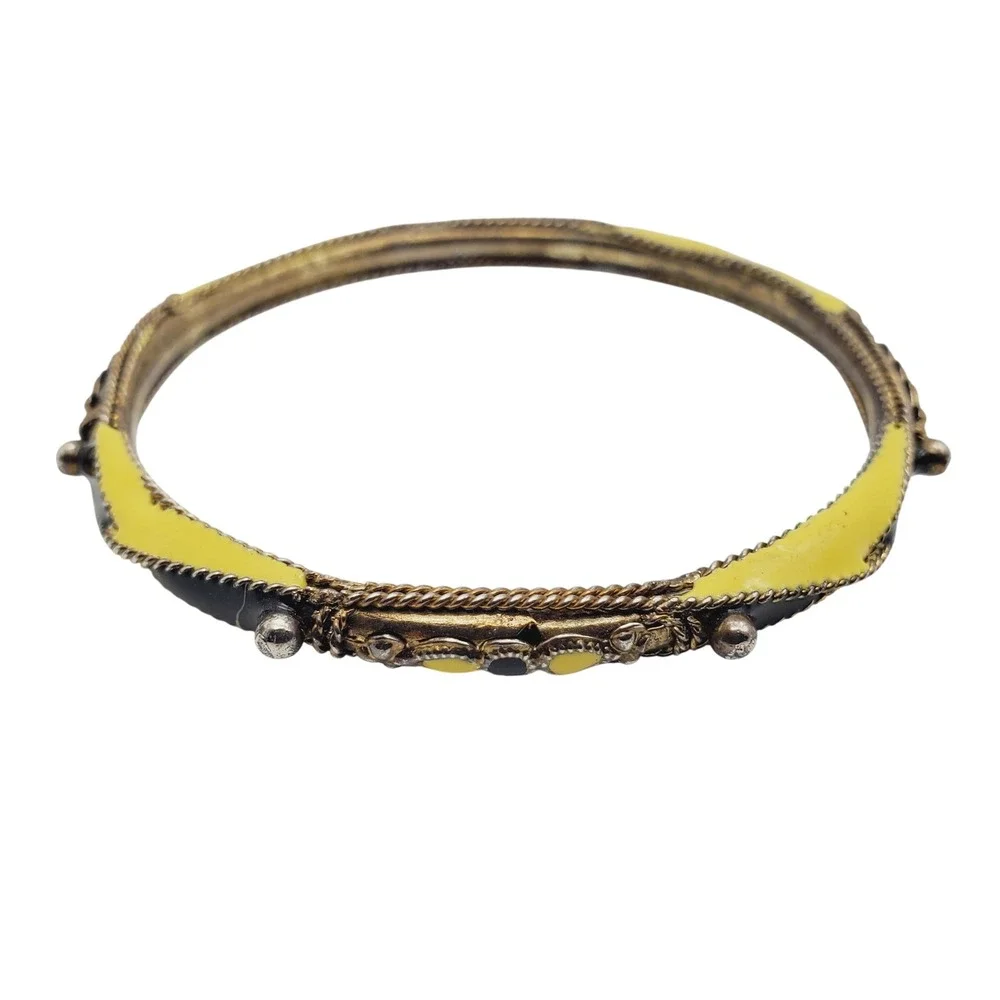 Vintage‎ Bangle Bracelet Black Yellow Enamel Harlequin Diamond Pattern Geometric